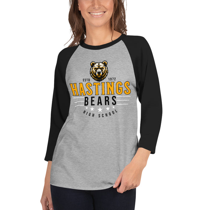 Woman wearing Hastings High School Bears Unisex 3/4 sleeve Raglan T-shirt 217