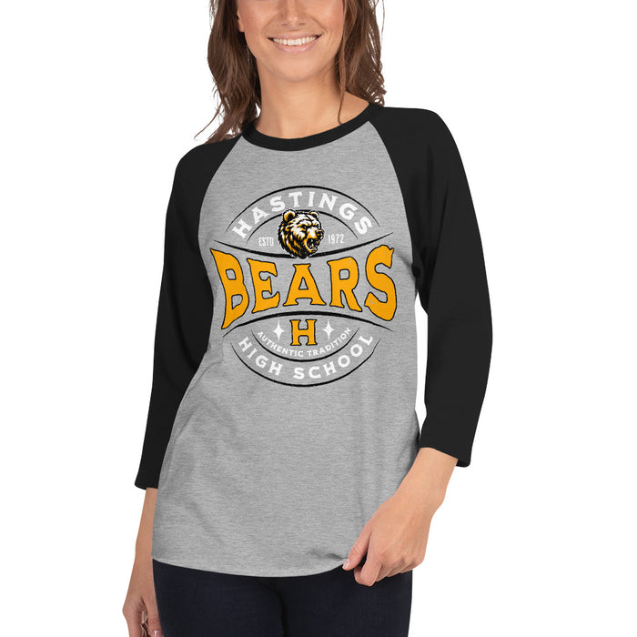 Woman wearing Hastings High School Bears Unisex 3/4 sleeve Raglan T-shirt 218