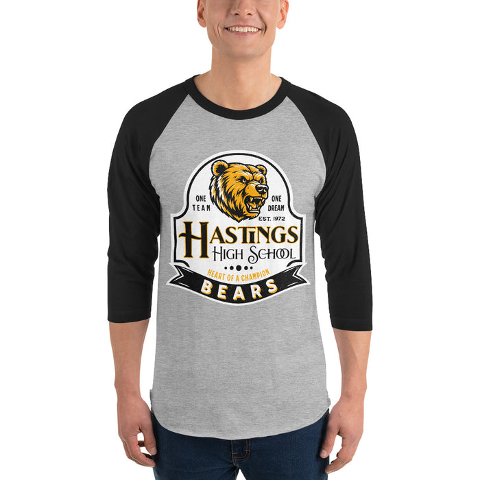 Man wearing Hastings High School Bears Unisex 3/4 sleeve Raglan T-shirt 219