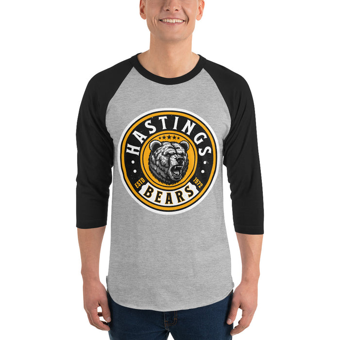 Man wearing Hastings High School Bears Unisex 3/4 sleeve Raglan T-shirt 220