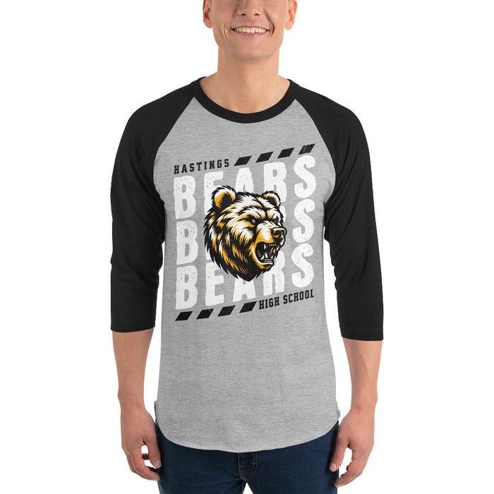 Man wearing Hastings High School Bears Unisex 3/4 sleeve Raglan T-shirt 223