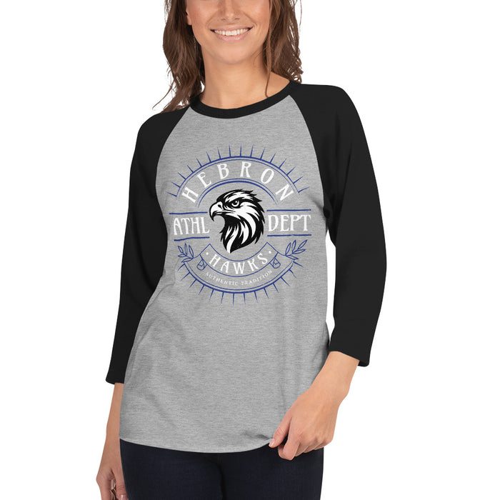 Woman wearing Hebron High School Hawks Unisex 3/4 sleeve Raglan T-shirt 201