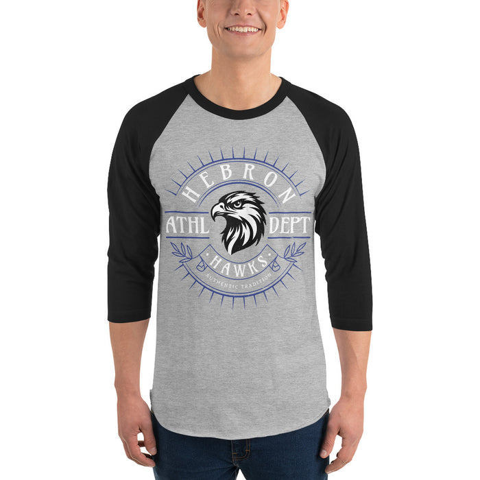 Man wearing Hebron High School Hawks Unisex 3/4 sleeve Raglan T-shirt 201