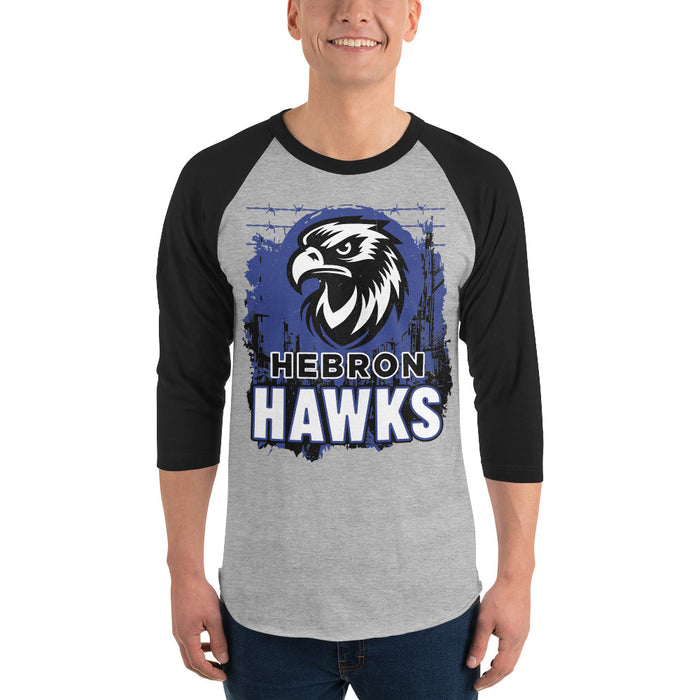 Man wearing Hebron High School Hawks Unisex 3/4 sleeve Raglan T-shirt 202