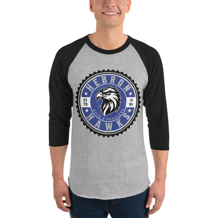 Man wearing Hebron High School Hawks Unisex 3/4 sleeve Raglan T-shirt 203