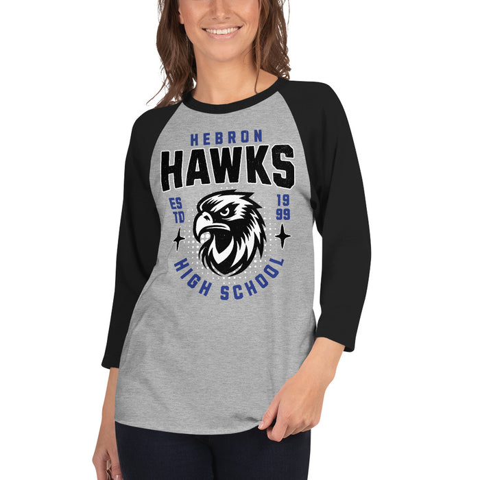 Woman wearing Hebron High School Hawks Unisex 3/4 sleeve Raglan T-shirt 204