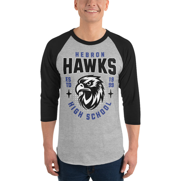 Man wearing Hebron High School Hawks Unisex 3/4 sleeve Raglan T-shirt 204