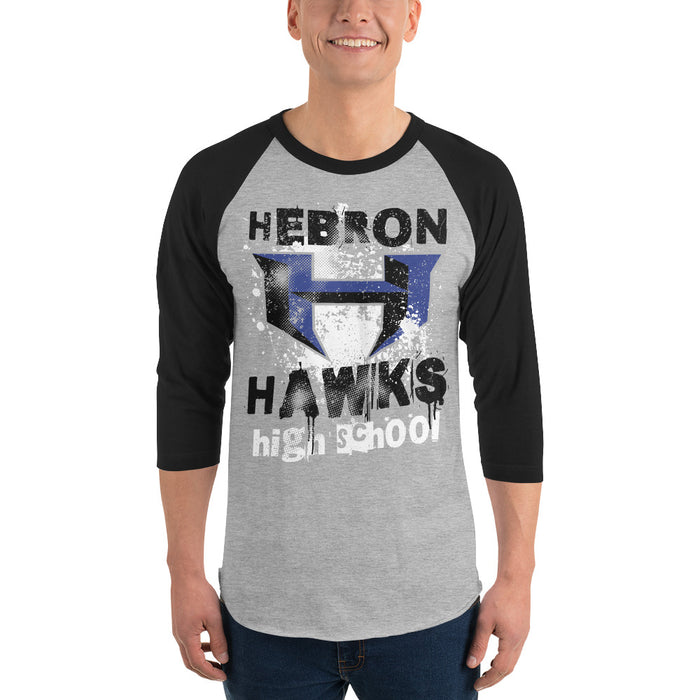 Man wearing Hebron High School Hawks Unisex 3/4 sleeve Raglan T-shirt 205