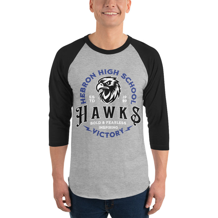 Man wearing Hebron High School Hawks Unisex 3/4 sleeve Raglan T-shirt 206