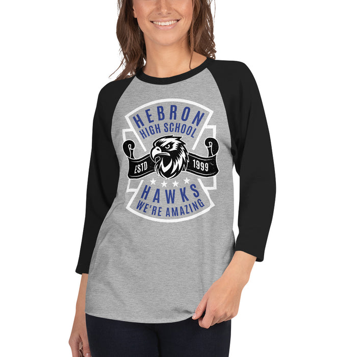 Woman wearing Hebron High School Hawks Unisex 3/4 sleeve Raglan T-shirt 207