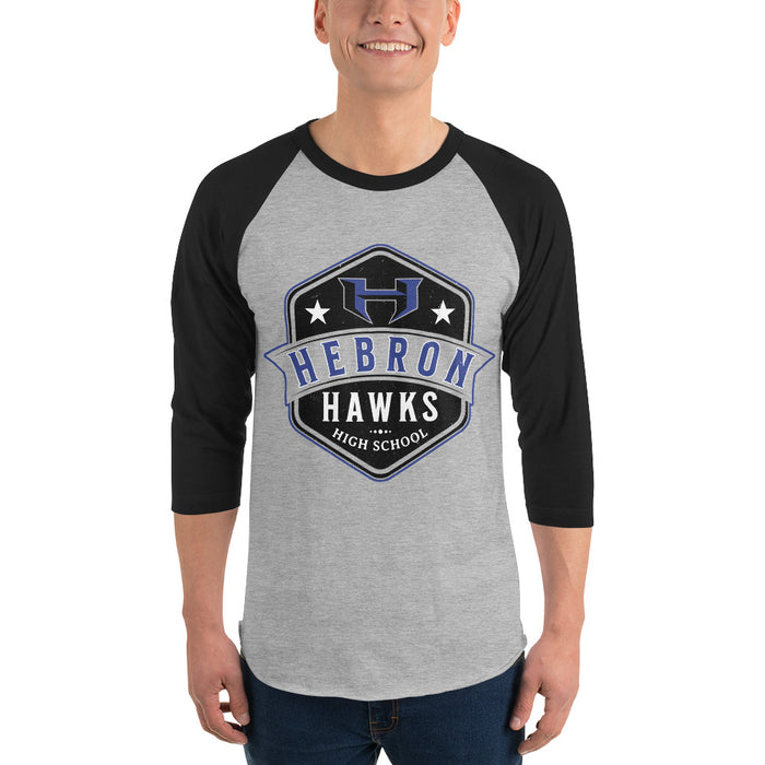 Man wearing Hebron High School Hawks Unisex 3/4 sleeve Raglan T-shirt 209