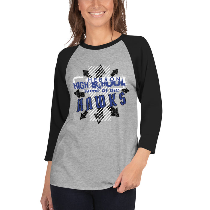 Woman wearing Hebron High School Hawks Unisex 3/4 sleeve Raglan T-shirt 210