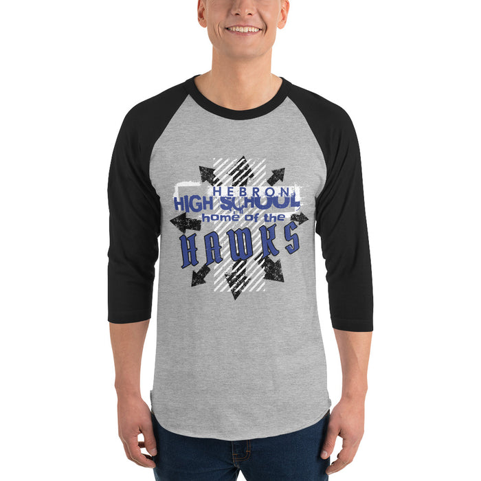 Man wearing Hebron High School Hawks Unisex 3/4 sleeve Raglan T-shirt 210