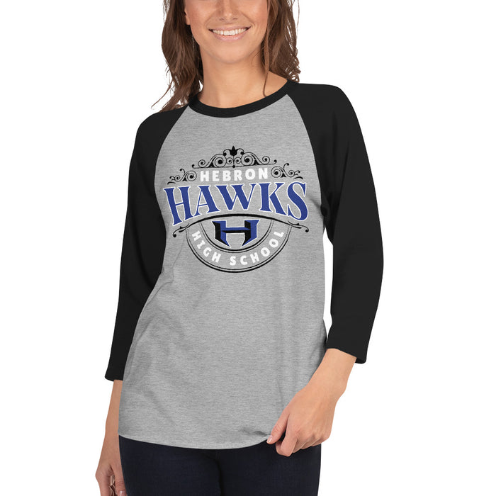 Woman wearing Hebron High School Hawks Unisex 3/4 sleeve Raglan T-shirt 211