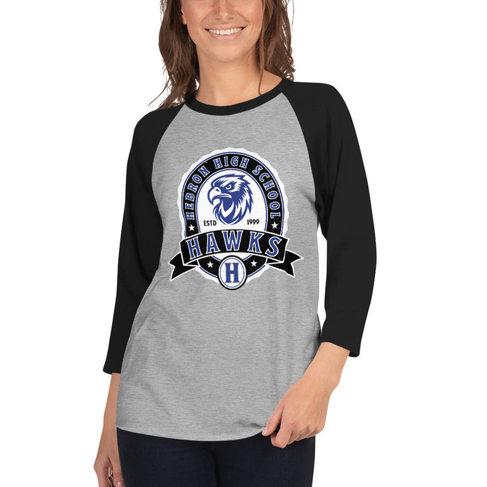 Woman wearing Hebron High School Hawks Unisex 3/4 sleeve Raglan T-shirt 212