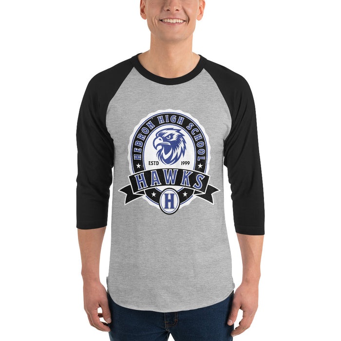 Man wearing Hebron High School Hawks Unisex 3/4 sleeve Raglan T-shirt 212