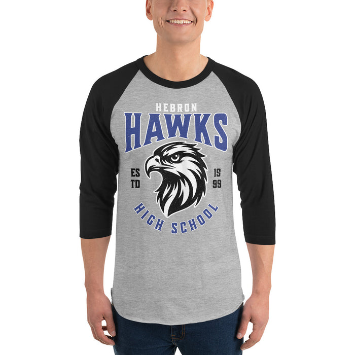 Man wearing Hebron High School Hawks Unisex 3/4 sleeve Raglan T-shirt 213