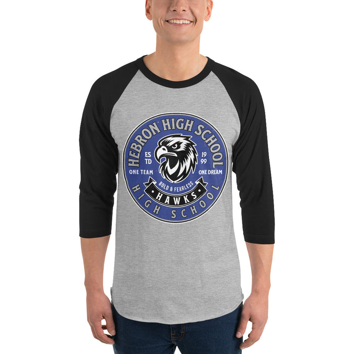 Man wearing Hebron High School Hawks Unisex 3/4 sleeve Raglan T-shirt 215