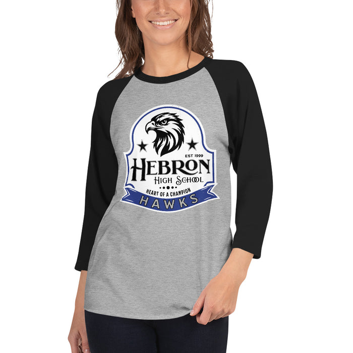 Woman wearing Hebron High School Hawks Unisex 3/4 sleeve Raglan T-shirt 219