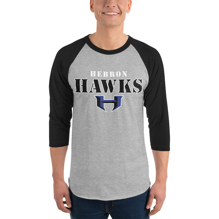 Man wearing Hebron High School Hawks Unisex 3/4 sleeve Raglan T-shirt 222