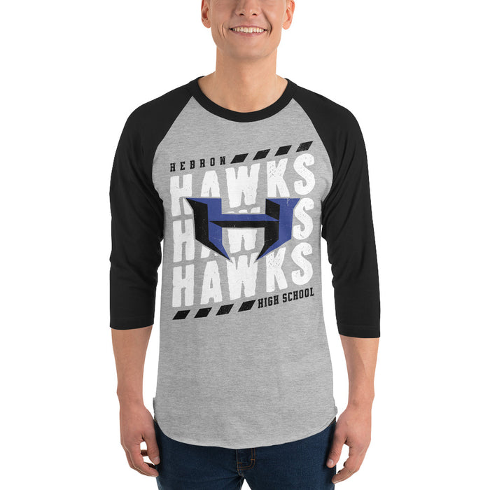 Man wearing Hebron High School Hawks Unisex 3/4 sleeve Raglan T-shirt 223