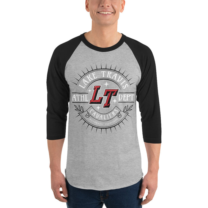 Man wearing Lake Travis High School Cavaliers Unisex 3/4 sleeve Raglan T-shirt 201