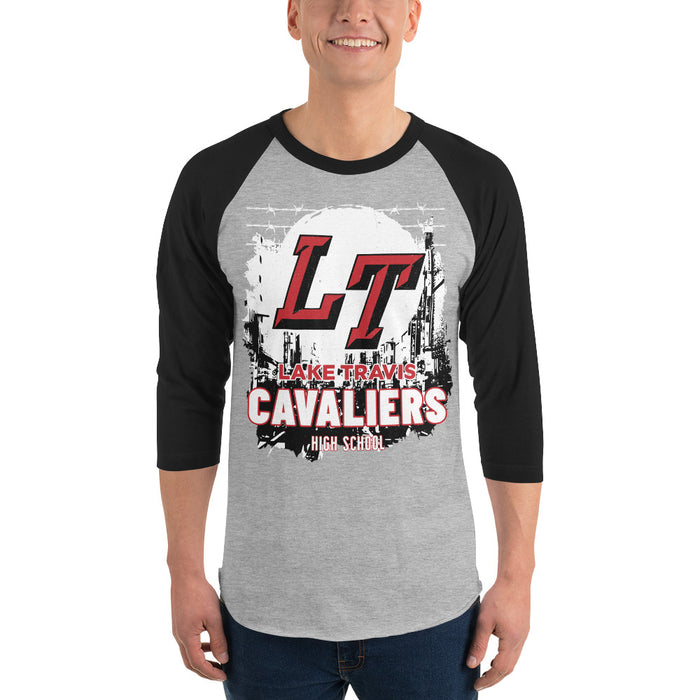 Man wearing Lake Travis High School Cavaliers Unisex 3/4 sleeve Raglan T-shirt 202