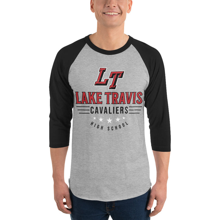 Man wearing Lake Travis High School Cavaliers Unisex 3/4 sleeve Raglan T-shirt 217