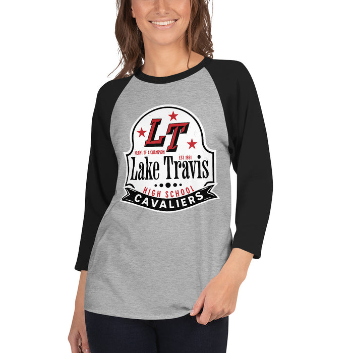 Woman wearing Lake Travis High School Cavaliers Unisex 3/4 sleeve Raglan T-shirt 219