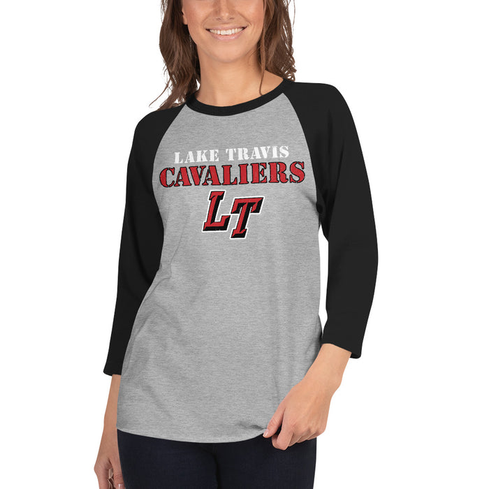 Woman wearing Lake Travis High School Cavaliers Unisex 3/4 sleeve Raglan T-shirt 222