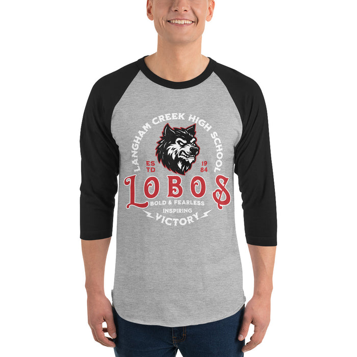 Man wearing Langham Creek High School Lobos Unisex 3/4 sleeve Raglan T-shirt 206