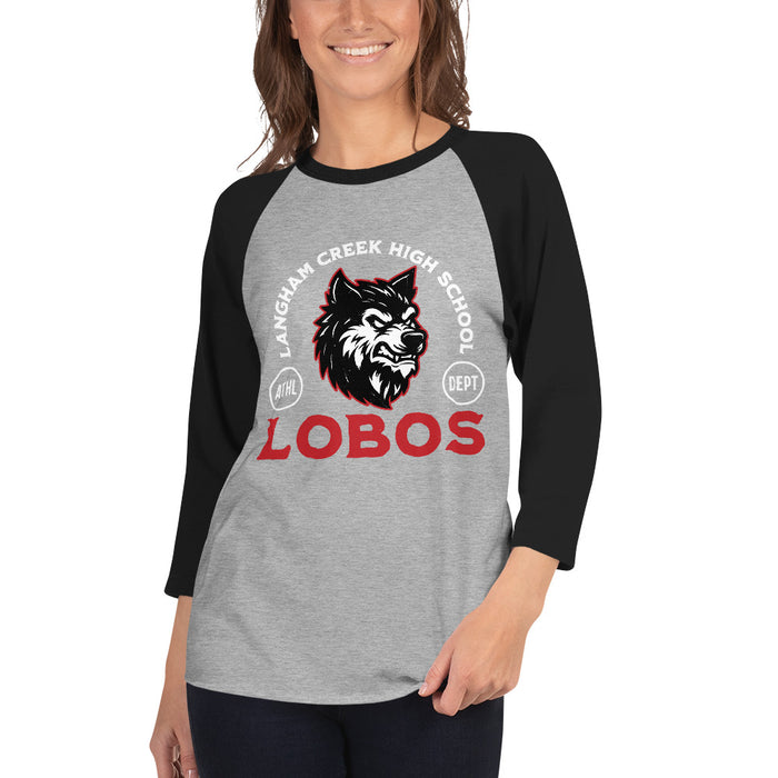 Woman wearing Langham Creek High School Lobos Unisex 3/4 sleeve Raglan T-shirt 208