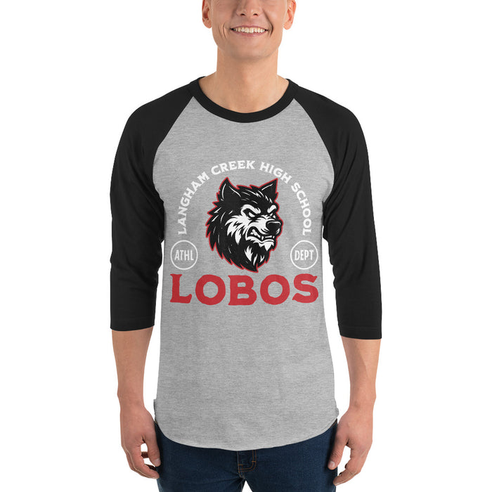 Man wearing Langham Creek High School Lobos Unisex 3/4 sleeve Raglan T-shirt 208