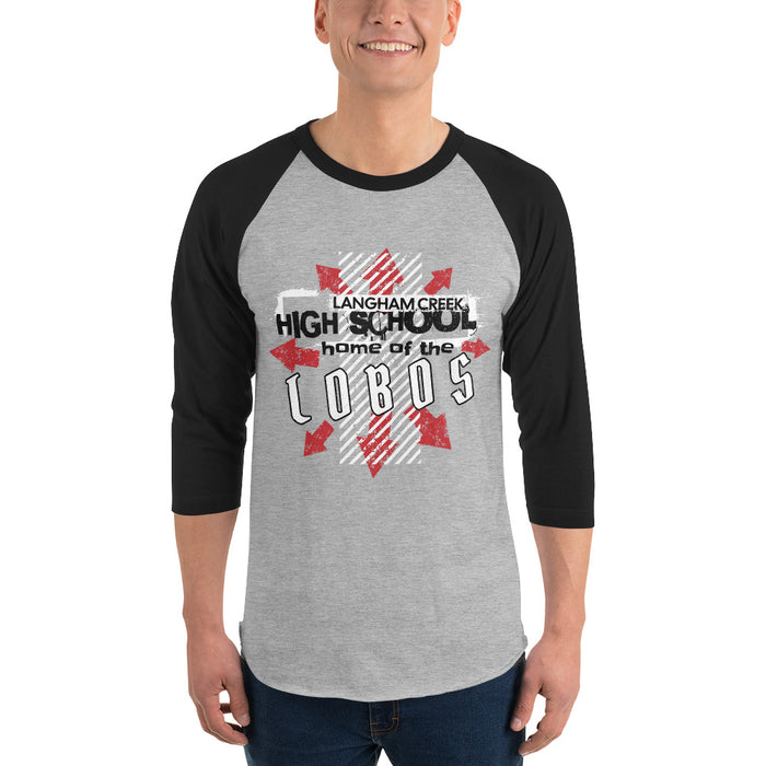 Man wearing Langham Creek High School Lobos Unisex 3/4 sleeve Raglan T-shirt 210