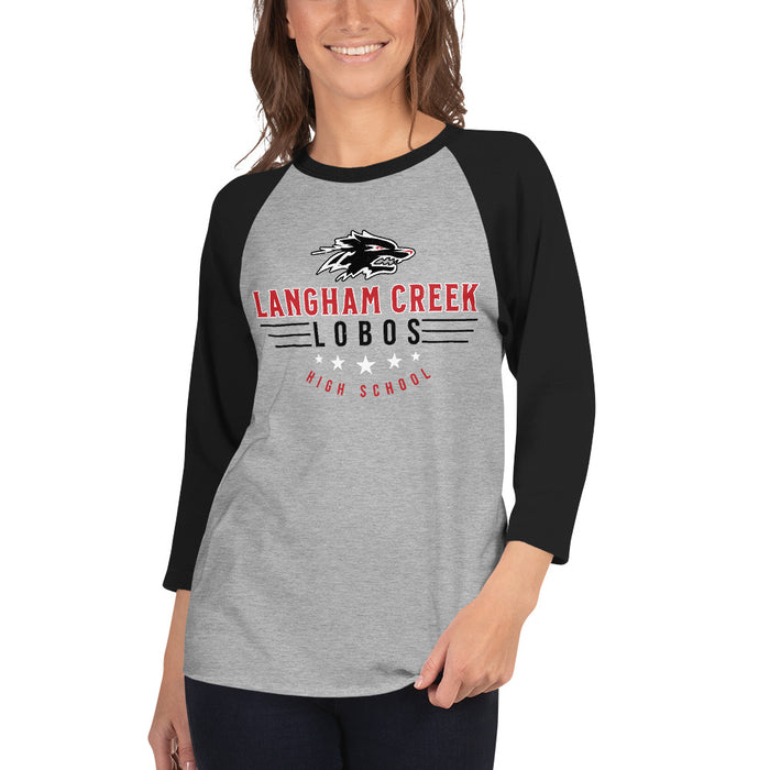 Woman wearing Langham Creek High School Lobos Unisex 3/4 sleeve Raglan T-shirt 217