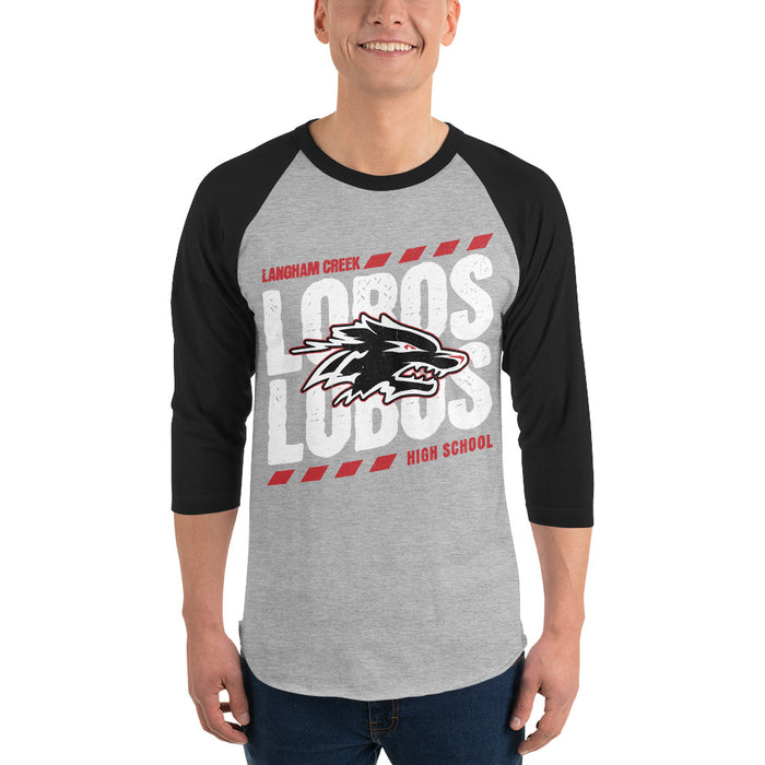 Man wearing Langham Creek High School Lobos Unisex 3/4 sleeve Raglan T-shirt 223