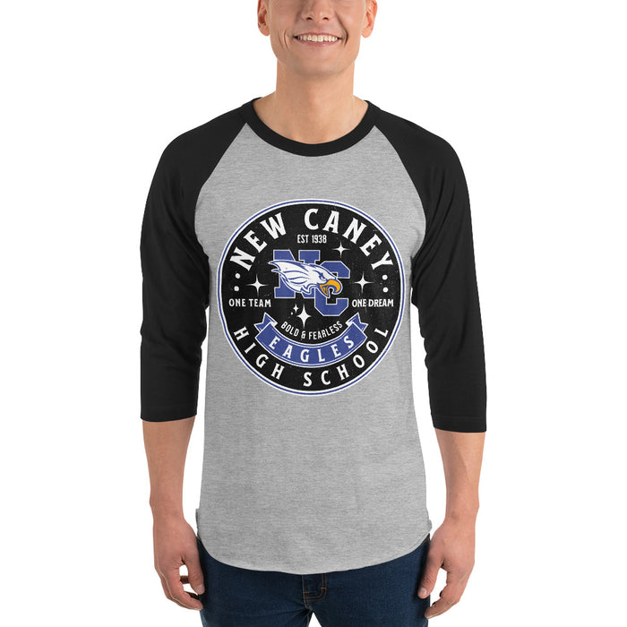 Man wearing New Caney High School Eagles Unisex 3/4 sleeve Raglan T-shirt 215