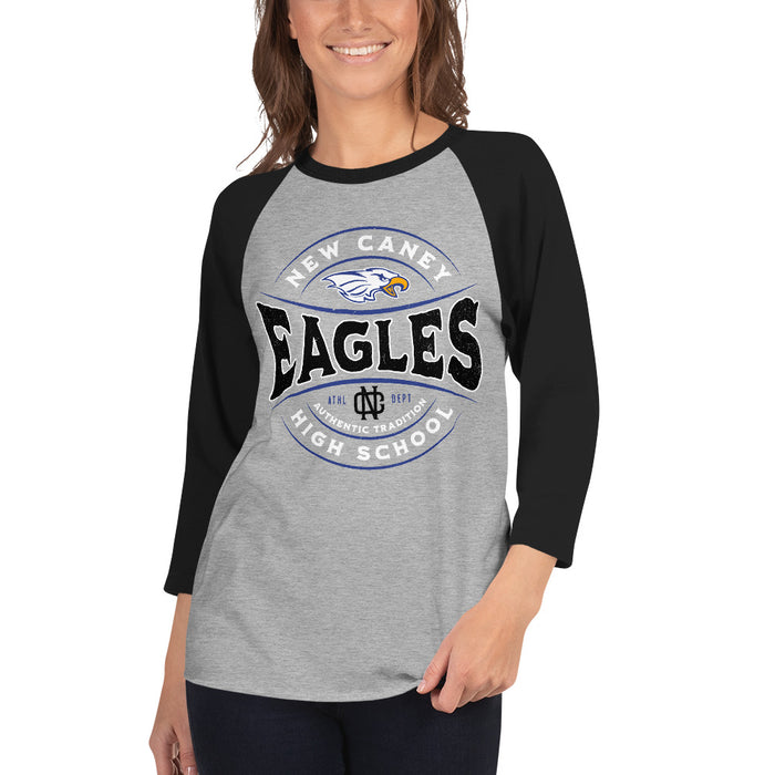 Woman wearing New Caney High School Eagles Unisex 3/4 sleeve Raglan T-shirt 218