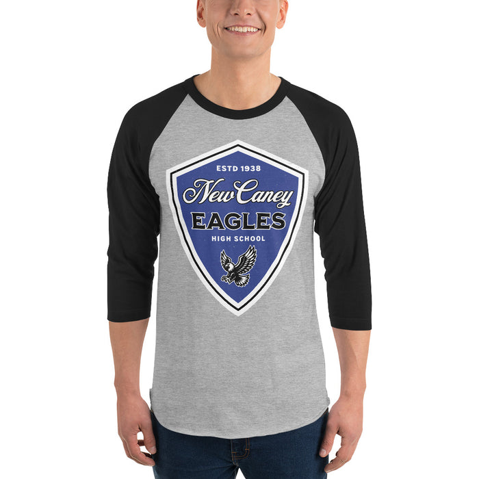 Man wearing New Caney High School Eagles Unisex 3/4 sleeve Raglan T-shirt 225