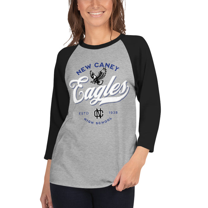 Woman wearing New Caney High School Eagles Unisex 3/4 sleeve Raglan T-shirt 226