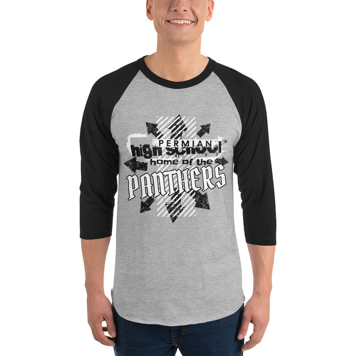 Man wearing Permian High School Panthers Unisex 3/4 sleeve Raglan T-shirt 210