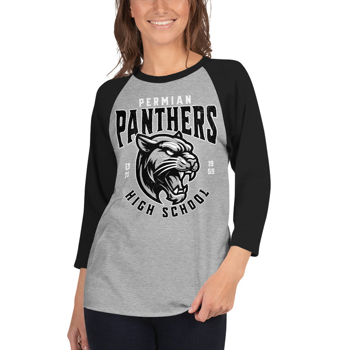 Woman wearing Permian High School Panthers Unisex 3/4 sleeve Raglan T-shirt 213