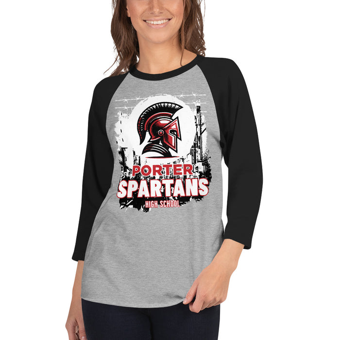 Woman wearing Porter High School Spartans Unisex 3/4 Sleeve Raglan T-shirt 202