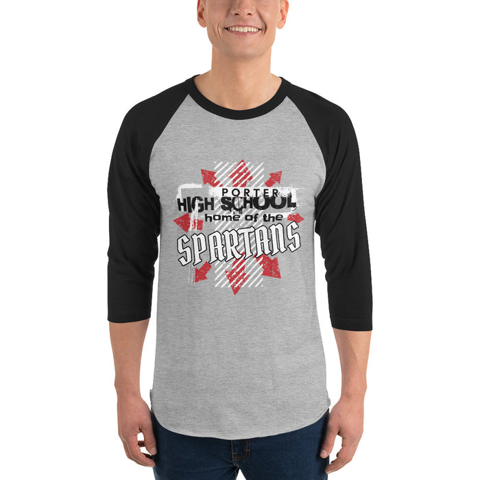 Man wearing Porter High School Spartans Unisex 3/4 Sleeve Raglan T-shirt 210