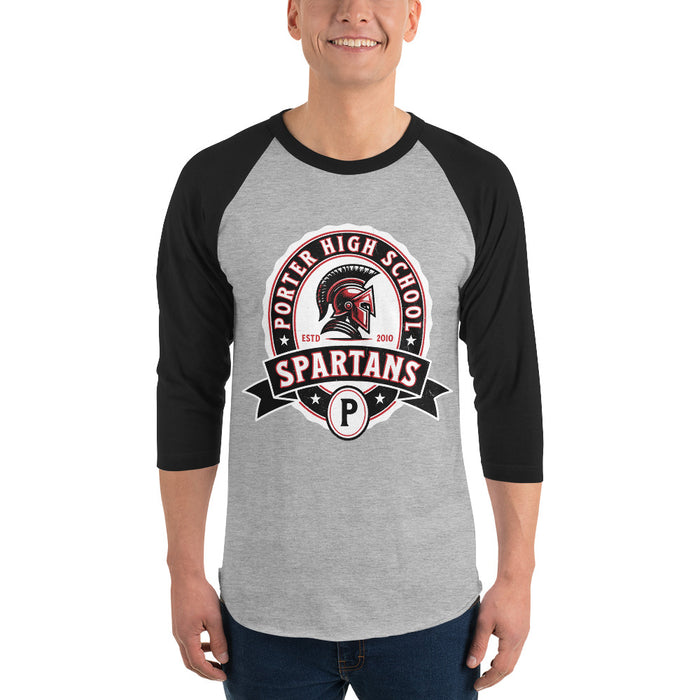 Man wearing Porter High School Spartans Unisex 3/4 Sleeve Raglan T-shirt 212