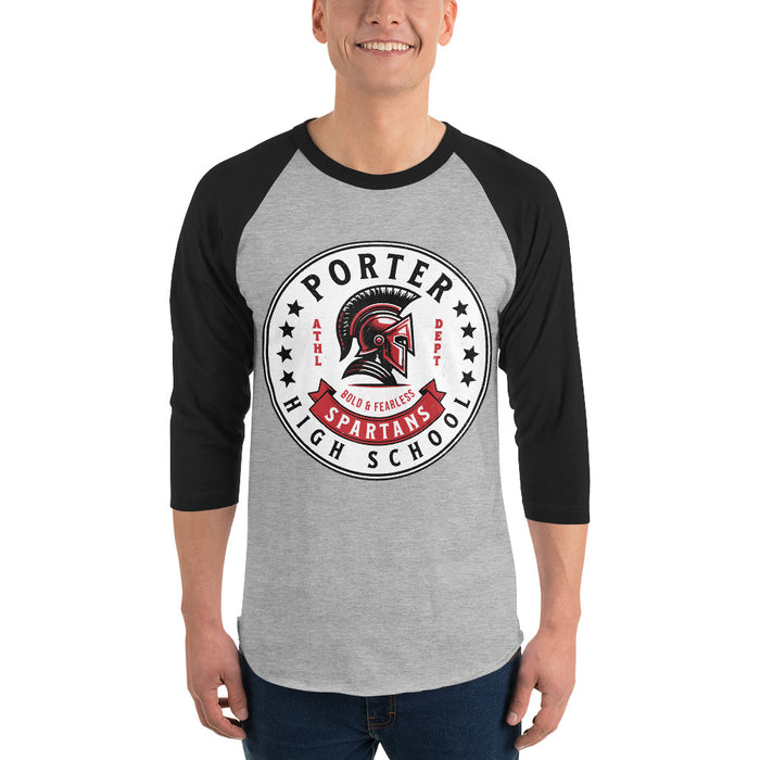 Man wearing Porter High School Spartans Unisex 3/4 Sleeve Raglan T-shirt 215