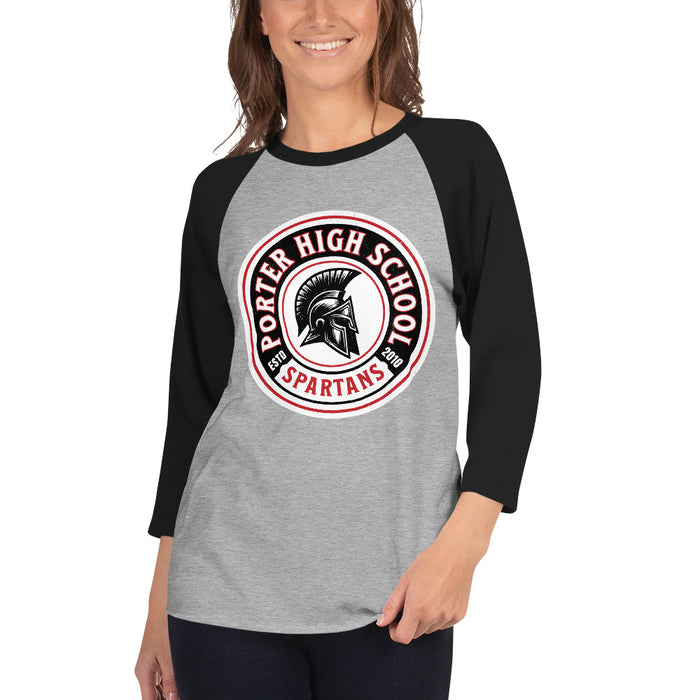 Woman wearing Porter High School Spartans Unisex 3/4 Sleeve Raglan T-shirt 220