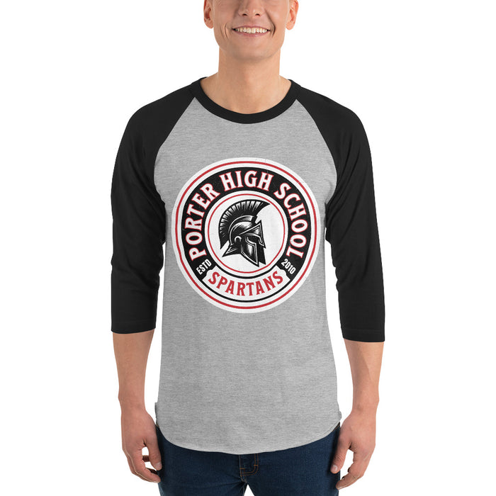 Man wearing Porter High School Spartans Unisex 3/4 Sleeve Raglan T-shirt 220