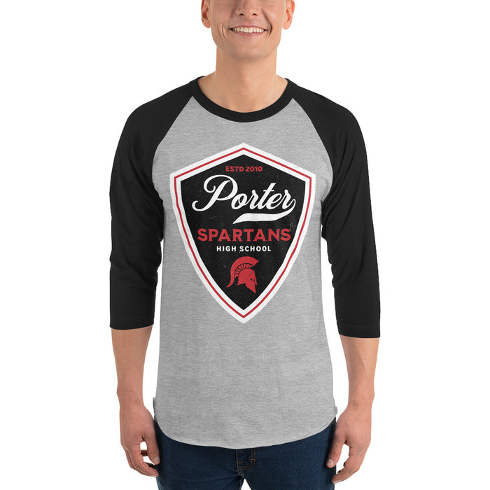 Man wearing Porter High School Spartans Unisex 3/4 Sleeve Raglan T-shirt 225