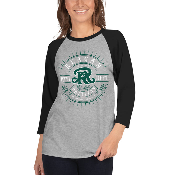 Woman wearing Reagan High School Rattlers Unisex 3/4 sleeve Raglan T-shirt 201